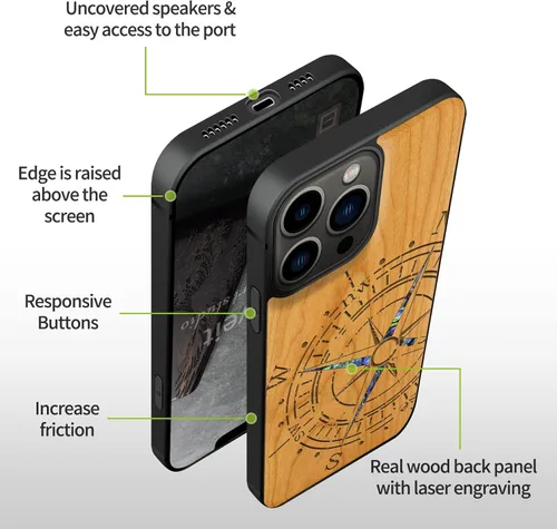 Vista 6 de Carveit Funda protectora de madera de diseñador para iPhone 13 Pro, cubierta magnética, grabado en madera e incrustaciones de concha, funda