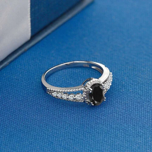 Vista 4 de Anillo de compromiso con piedra natal y topacio blanco para mujer en plata de ley 925 ovalado de 0.276 x 0.197 in Elegante diseño de vástago