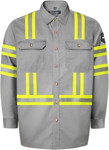 Vista 8 de Camisas FR grises para hombre, sarga de algodón de 7.5 onzas, manga larga, ajuste regular, cuello de punto, cuello Henley, 2 bolsillos de parche