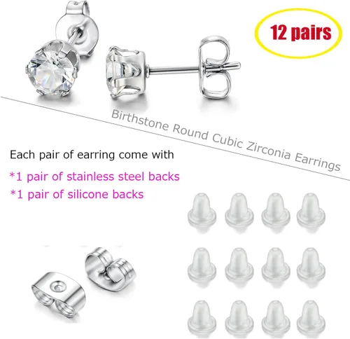 Vista 6 de LOYALLOOK 12 pares de aretes de acero inoxidable con circonita cúbica redonda de corte brillante para mujer, Piedra Diamante Circonita cúbica Piedra