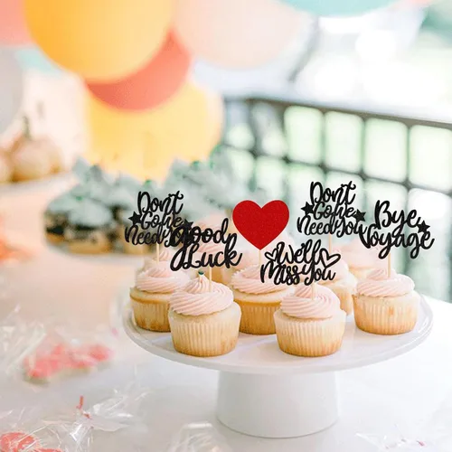 Vista 4 de 30 piezas de adornos para cupcakes con purpurina «We Will Miss You» Don't Go We Need You Bye Voyage Good Luck Heart Cupcake Picks para despedida
