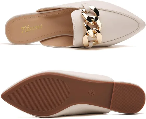 Vista 7 de Tilocow Mules para mujer Zapatos planos para mujer, elegantes y cómodos, con cadena de metal, sin espalda, zapatos de moda 2023