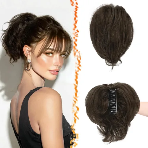 Vista 15 de BARSDAR Extensión de cabello humano corto con clip de garra con metales flexibles, cabello humano real de 8 pulgadas, extensiones de moño