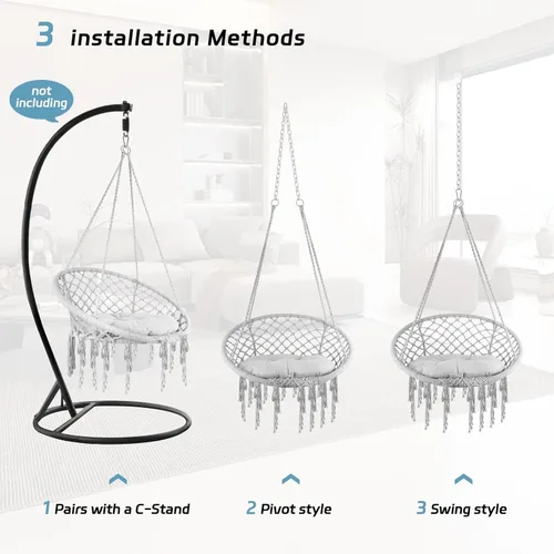 Vista 4 de Macrame Swing Chair with Removable Cushion & Hardware, Heavy-Duty Hammock Chair Handwoven from Cotton Rope, Supports 330LBS for Boho Patio, Bedroom