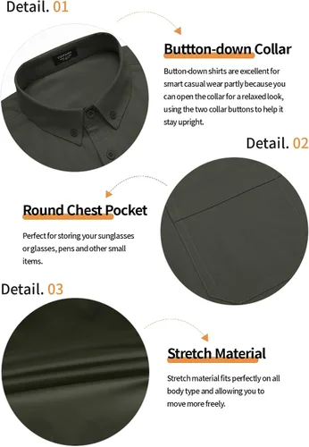 Vista 5 de COOFANDY Camisas de vestir para hombre, de manga corta, de algodón, casual, con botones, con bolsillo