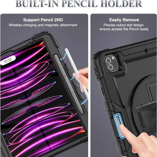 Vista 6 de SEYMAC stock Funda para iPad Pro de 12.9'' 2022/2021/2020/2018 con protector de pantalla giratorio 360 y correa de mano, funda a prueba de caídas