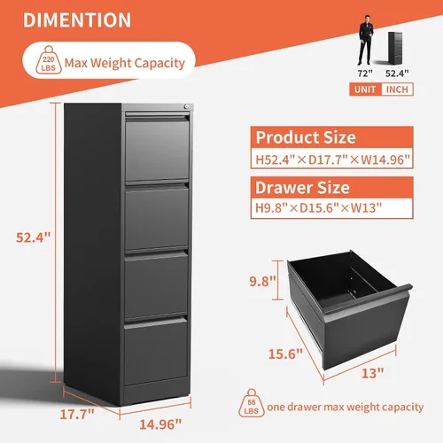 Vista 3 de IKIMI Archivador de 4 cajones, archivadores de metal con cerradura, archivador vertical negro para oficina en casa, gabinete de almacenamiento