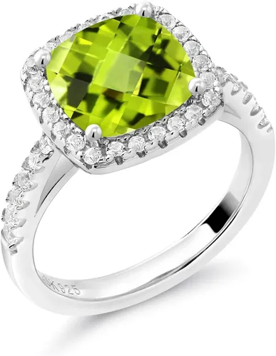 Vista 2 de Gem Stone King Anillo de compromiso de mujer de plata de ley 925 con peridoto verde y zafiro blanco creado para mujer
