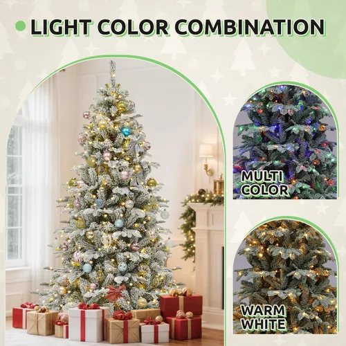 Vista 4 de GOOBED 6.5 ft Prelit Snow Flocked Christmas Tree, Layered Spruce w/Remote Christmas Tree w/ 760 Thickened Branch Tips, 350 Lights for Home, Office