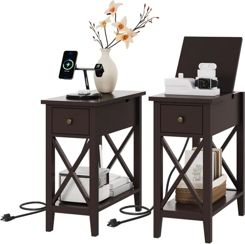 Vista 13 de ChooChoo Mesa auxiliar, mesa auxiliar estrecha abatible con estación de carga Narrow Side Table with USB Ports and Outlets, Nightstand with