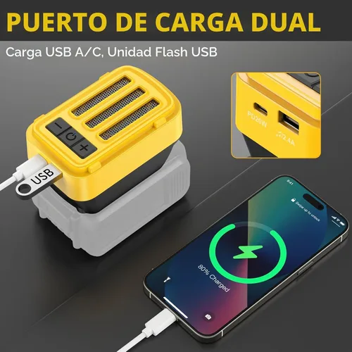 Vista 4 de Altavoz Bluetooth compatible con batería Dewalt de 20 V Max, altavoz inalámbrico con carga USB-A/C, para lugares de trabajo al aire libre, fiestas