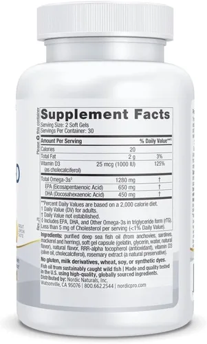 Vista 2 de Nordic Naturals proomega – D – Limón 60 ct. High-potency EPA & DHA fish oil plus vitamin D3 for brain, eye, heart & immune health. 1280 mg omega-3