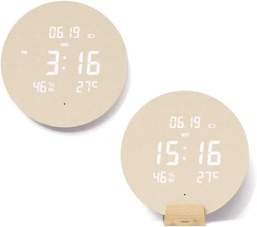 Vista 11 de mooas Reloj de pared LED de luna llena silencioso de madera con control remoto, luz nocturna con retroiluminación, reloj de pared de madera digital