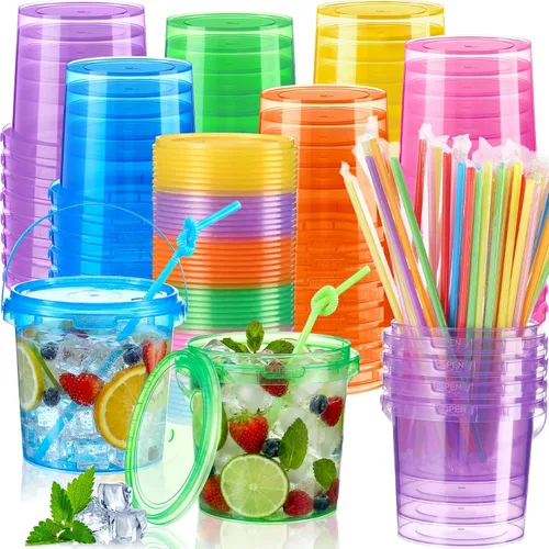 Vista 10 de Funnymoom Paquete de 36 cubos de plástico para ron para bebidas con pajita, cubeta de cóctel para helado, con tapas y asas, recipientes de alimentos