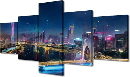 Vista 192 de Cuadros de 5 paneles de Cyberpunk City, arte de pared, representación de vallas publicitarias, edificios modernos en la capital con obras de arte
