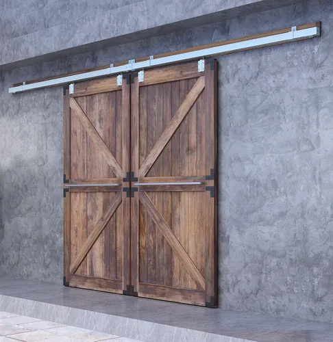 Vista 10 de DIYHD Herrajes para Puerta Corredera Doble Exterior de Granero de Acero Galvanizado de 8 Pies, Kit de Riel de Caja de Montaje en Pared de Servicio