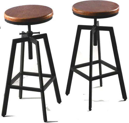 Vista 10 de Taburetes de bar industriales, silla de comedor de cocina, taburete de metal de madera, silla giratoria de altura ajustable, negro, juego de 2 Tapa