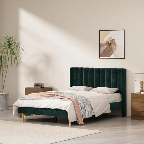 Vista 35 de Marco de cama tapizado de terciopelo individual con cabecera con respaldo de ala, color crema Cama de plataforma capitoné de canal vertical