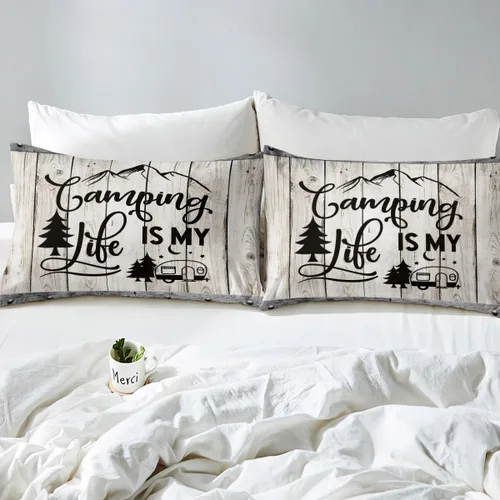 Vista 4 de Manfei Happy Camping - Juego de funda de edredón tamaño individual, funda de edredón con 1 funda de almohada, juego de ropa de cama de madera gris