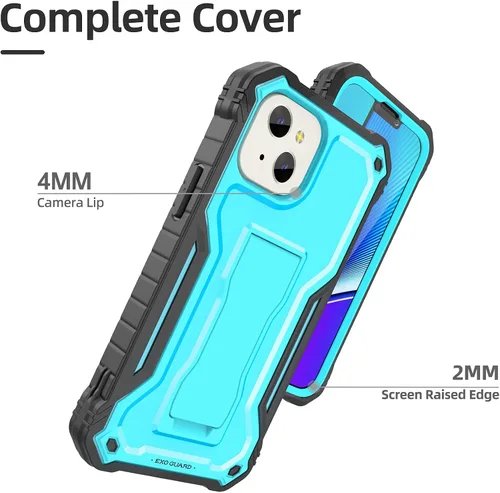 Vista 3 de ExoGuard Compatible con iPhone 13 Mini, funda de goma a prueba de golpes de cuerpo completo con protector de pantalla de vidrio templado, soporte
