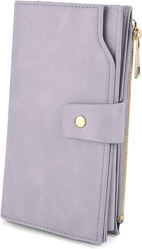 Vista 28 de UTO Cartera de cuero vegano para mujer, cartera larga con broche de presión, tarjetero de crédito, elegante embrague 0153 Gris