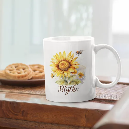 Vista 6 de Taza personalizada para amantes de los girasoles con nombre, regalos personalizados para amantes de las flores, taza de café de cerámica