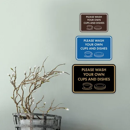 Vista 2 de Letrero clásico enmarcado con texto en inglés «Please Wash Your Own Cups and Dishes» (negro)