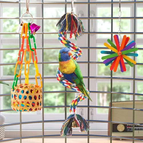 Vista 5 de Juguetes para pájaros, periquitos, juguete para masticar, triturar, forrajear, juguetes con cuerda, perca, juguetes para colgar, accesorios