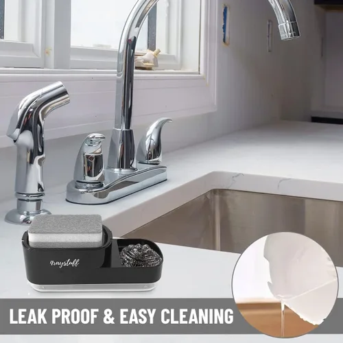 Vista 6 de Dispensador de jabón para platos para fregadero de cocina 2 en 1 con soporte para esponja. Dispensador de jabón líquido y esponja incluidos.