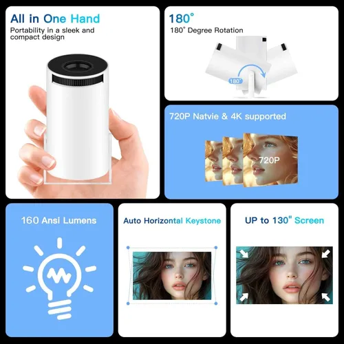 Vista 4 de Mini proyector con WiFi y Bluetooth, 4K 1080P compatible con proyector portátil, 170 ANSI, rotación de 180°, corrección trapezoidal automática
