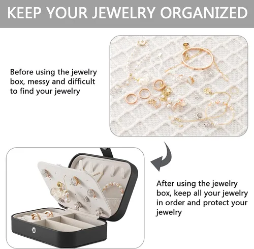 Vista 5 de Oyydecor Joyero portátil pequeño de 2 capas organizador de joyas de viaje de piel sintética para anillos collares aretes pulseras regalo de San