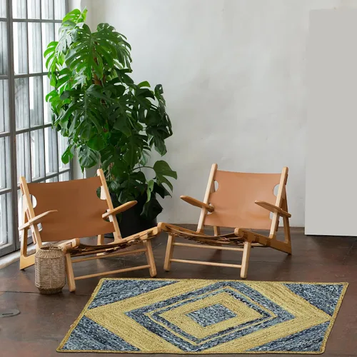Vista 5 de Collection - Alfombra rectangular de 2 x 3 pies, alfombra trenzada azul de algodón y yute, alfombra geométrica kilim para interiores y exteriores