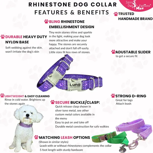 Vista 7 de Collar de perro con diamantes de imitación personalizable, hebilla grabada y opciones de correa, hecho en Estados Unidos, collares brillantes