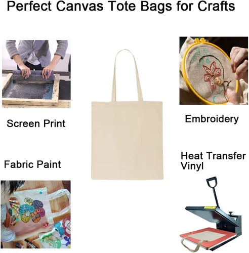 Vista 7 de FunisFun Paquete de 12 Bolsas de Lona en Blanco a Granel Bolsas de Compras Reutilizables para Supermercado para Manualidades con una Hoja de Teflón