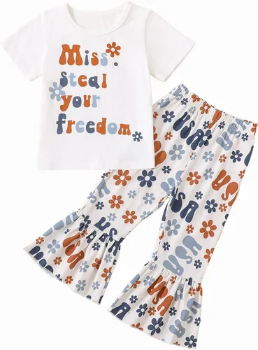 Vista 44 de Eadrioss Ropa para bebé niña pequeña, traje de campana de manga corta, camisa de flores para niños, pantalones florales acampanados, ropa de verano