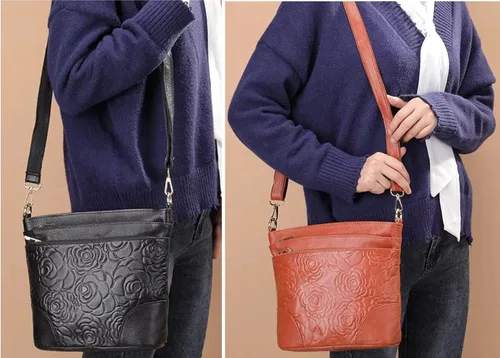 Vista 7 de Aslana Bolso bandolera de cuero genuino con relieve floral para mujer