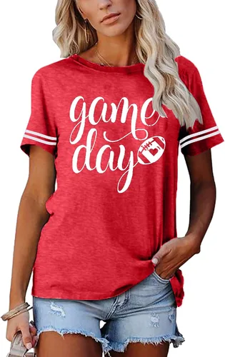Vista 2 de Camisetas para el día del juego para mujer, camiseta gráfica de fútbol divertida, linda camiseta de competencia, camiseta casual de manga corta