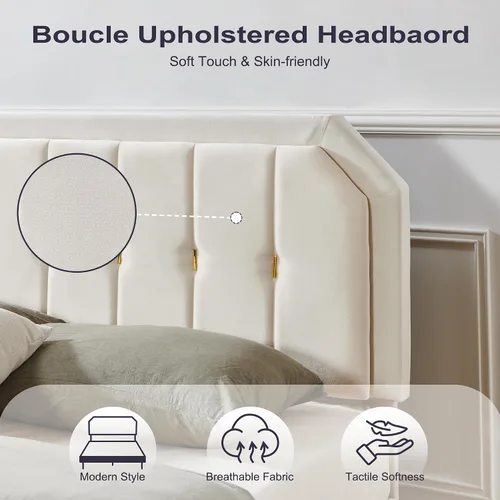 Vista 10 de Furnify Base de cama tamaño Queen, plataforma tapizada de terciopelo con ribete dorado, cama de estilo moderno con cabecera ajustable, no necesita