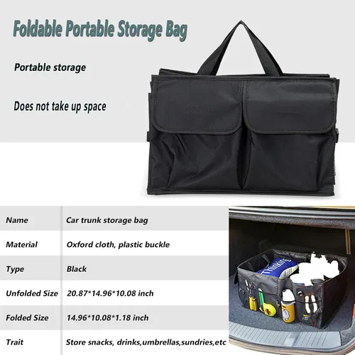 Vista 2 de Organizador de maletero de 51L de gran capacidad para coche, organizador de maletero de SUV de tela Oxford con 2 bolsillos y 4 redes