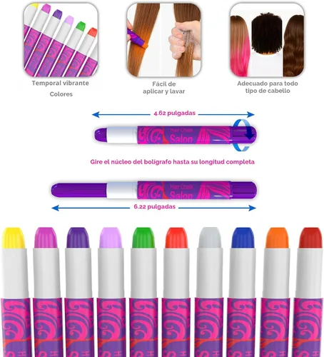 Vista 3 de Desire Deluxe - Regalos para Niñas Tiza para Cabello 10 Bolígrafos Temporales No Tóxicos Fáciles de Lavar Tinte para Cabello