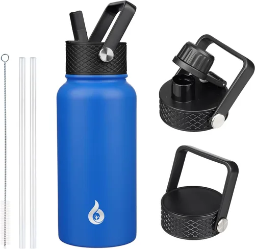 Vista 118 de BJPKPK Botellas de Agua Aisladas con Tapa de Pajita, Botella de Agua de Acero Inoxidable de 18oz, Termo Frío Caliente con 3 Tapas, Vaso de Viaje a
