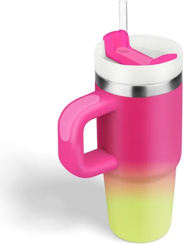 Vista 24 de Vaso de 14 oz con asa y pajita, vaso de 14 oz para niños con tapa y pajita, vasos de acero inoxidable para niños, para deportes al aire libre