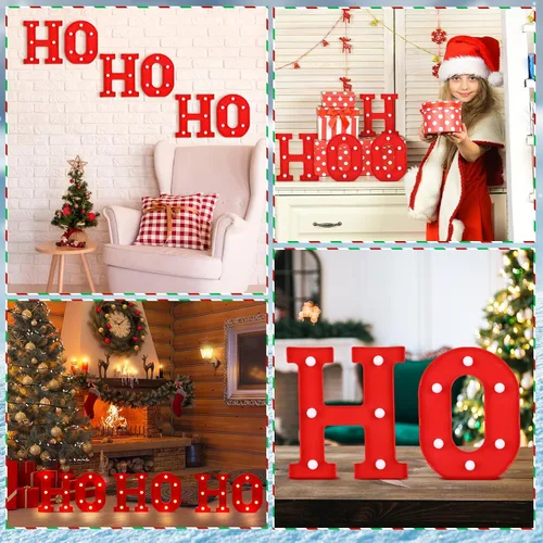 Vista 6 de 6 piezas de decoración de centro de mesa de Navidad con luces LED, letras iluminadas, señal de Ho Ho, decoración de mesa de Navidad para centro