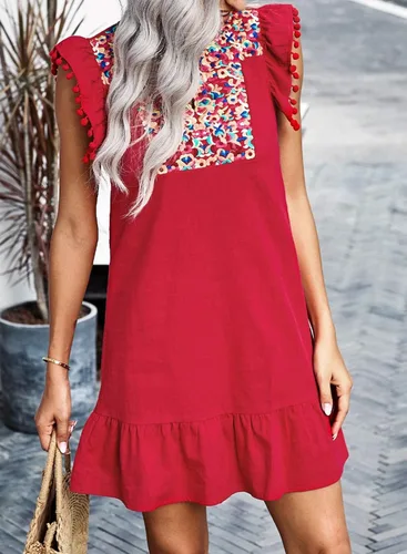 Vista 3 de KYLASIEN Vestido de verano con cuello en V bordado floral con pompones y volantes para mujer, vestido de verano casual bohemio