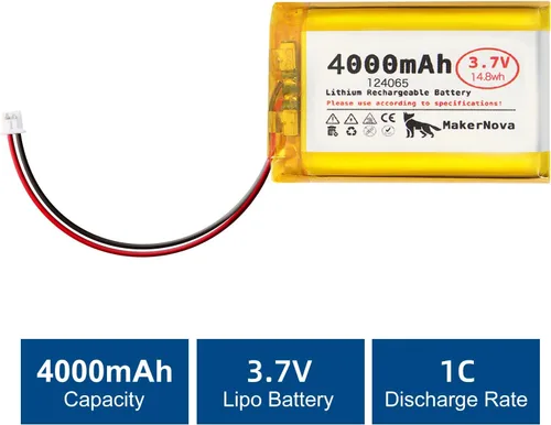 Vista 2 de Batería LiPo de 3.7V 124065 4000mAh, recargable 1S 3C, conector Micro JST 1.25, placa de protección dual, 1 paquete