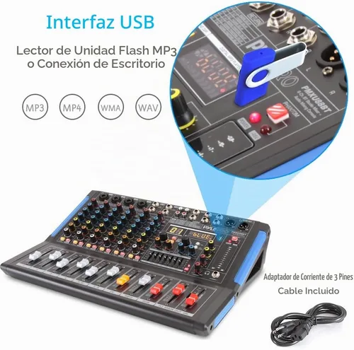 Vista 4 de Pyle Mezclador de audio estilo consola de 8 canales con Bluetooth - Controlador de sonido DJ, 8 entradas XLR / combinado, salida sub, +48V Phantom