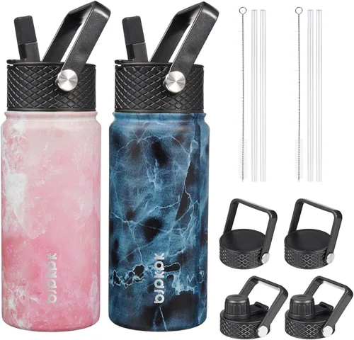 Vista 14 de BJPKPK Paquete de 2 botellas de agua aisladas con tapas con pajita, botella de agua de metal de acero inoxidable de 18oz con 6 tapas, jarras a