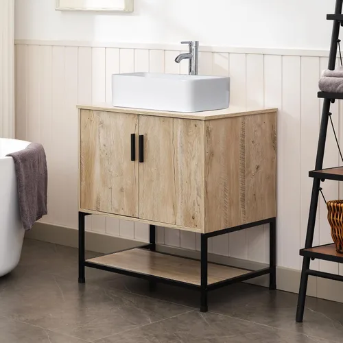 Vista 5 de UEV Mueble de baño de roble rústico de 30 pulgadas con fregadero, marco de hierro industrial con puertas y estante, con moderno combo de fregadero