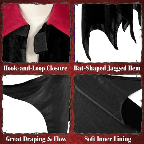 Vista 5 de Capa de vampiro, capa de terciopelo negro con cuello para disfraz Negro y rojo