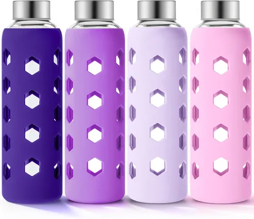 Vista 11 de Mrsdry Botellas de jugo de vidrio con tapas y fundas de silicona de 18 onzas, paquete de 4 botellas de agua reutilizables de vidrio transparente